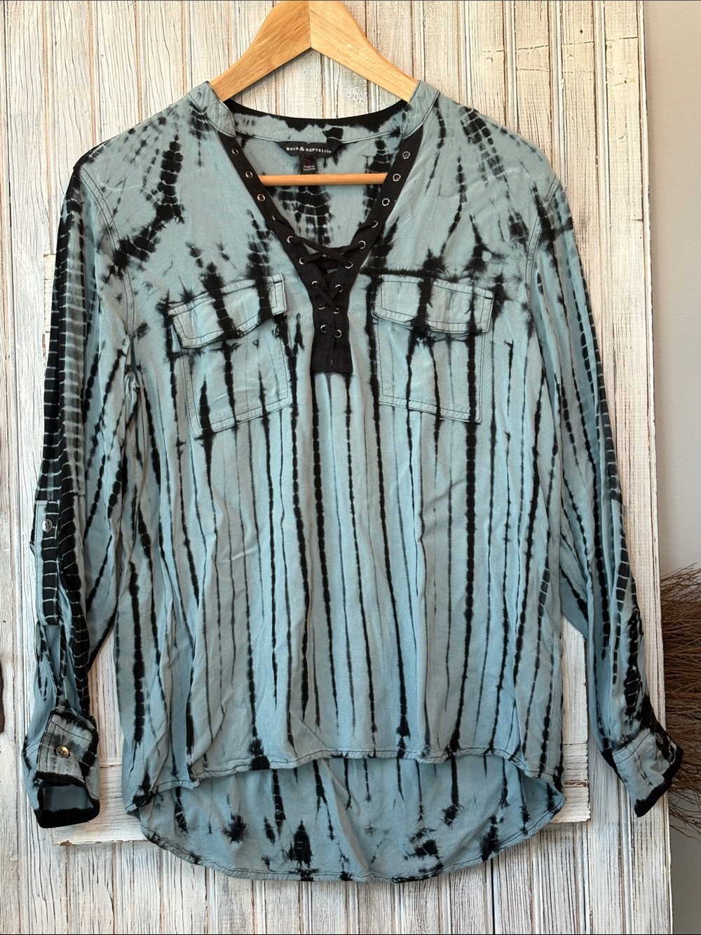 Rock & Republic Teal and Black Tie-Dye Lace-Up Tunic Size S